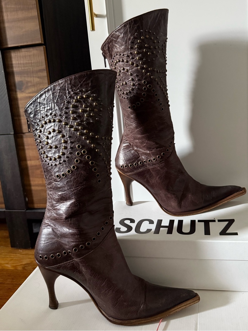Vintage Brown Studded Leather Mid-Calf Heeled Boots